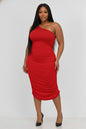 Plus Size Sexy Solid Color Ruched One Shoulder Midi Bodycon Dress