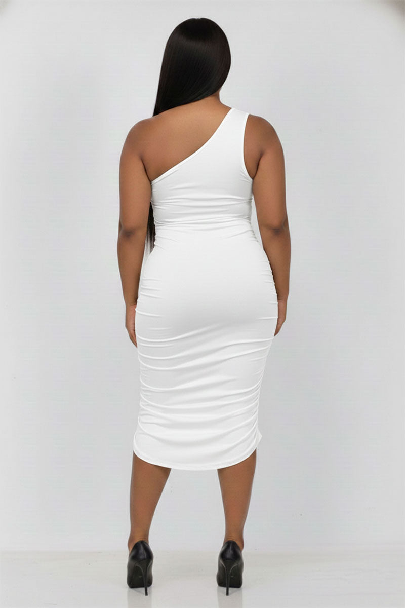Plus Size Sexy Solid Color Ruched One Shoulder Midi Bodycon Dress