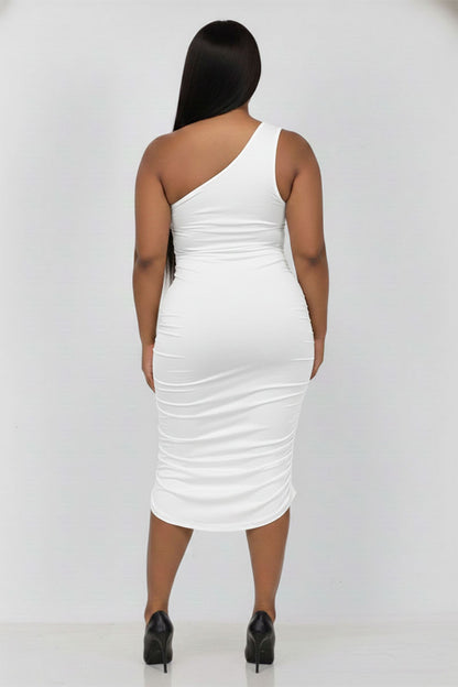 Plus Size Sexy Solid Color Ruched One Shoulder Midi Bodycon Dress