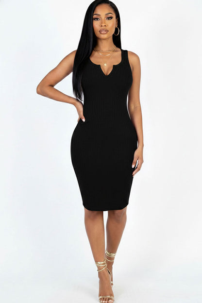 Casual Ribbed Split Neck Bodycon Dress (CAPELLA)