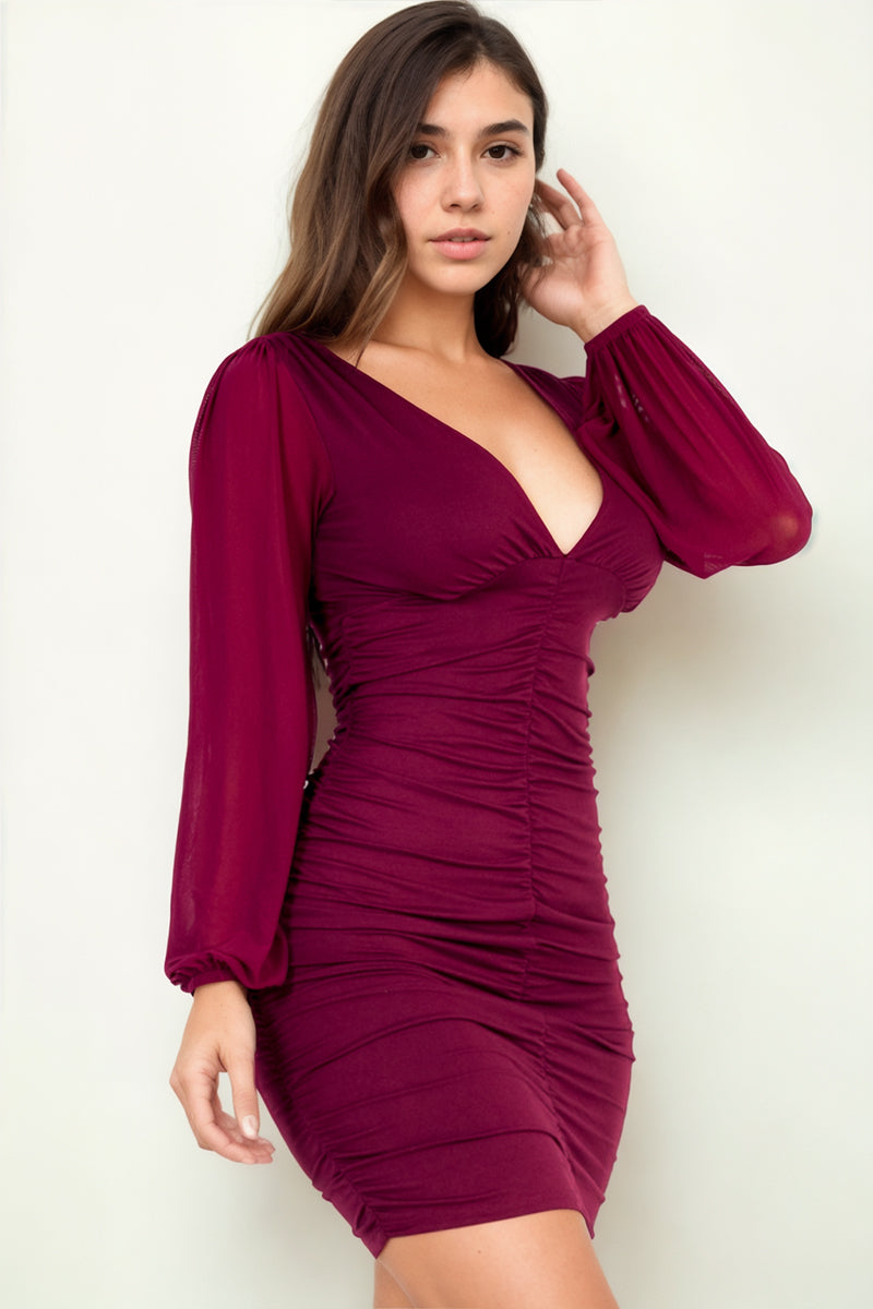 Ruched Mesh Long Sleeve V-Neck Mini Dress (CAPELLA) - Capella Apparel