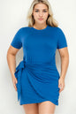 Plus Size Solid Wrap Front Tie Side Short Sleeve Mini Dress - Capella Apparel