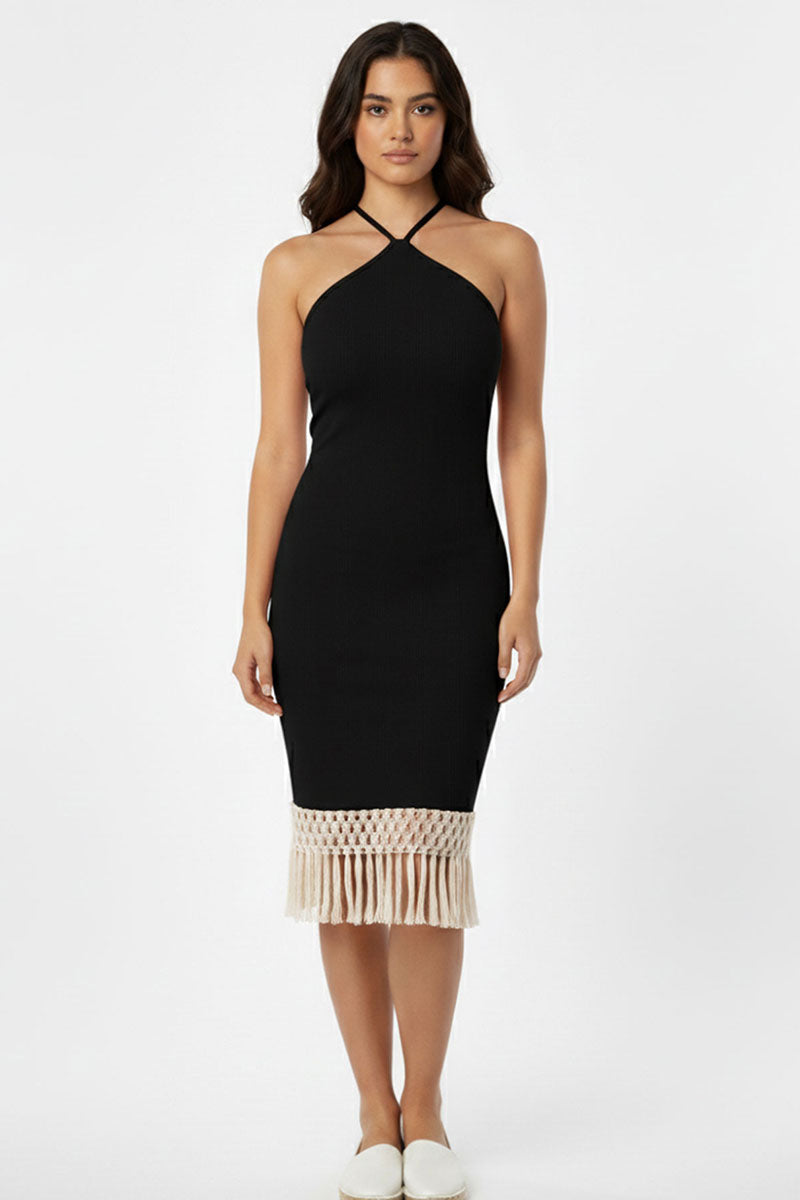 Ribbed Halter Neck Fringe Midi Dress