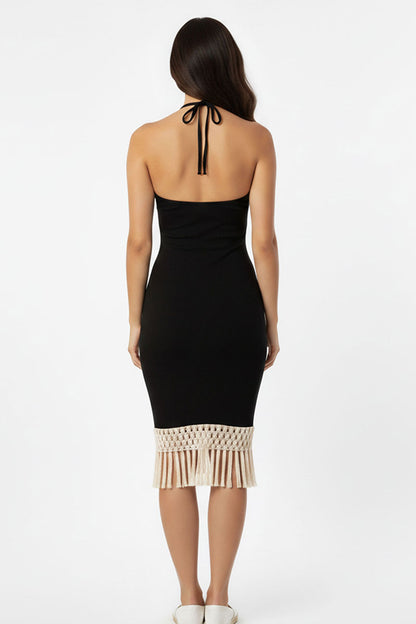 Ribbed Halter Neck Fringe Midi Dress
