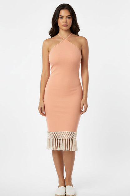 Ribbed Halter Neck Fringe Midi Dress
