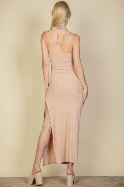 Ribbed Cut Out Front Side Slit Maxi Dress - Capella Apparel