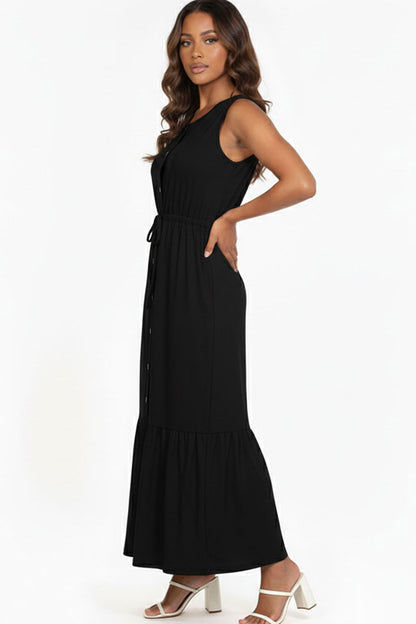 Button Front Tie Waist Sleeveless Maxi Dress