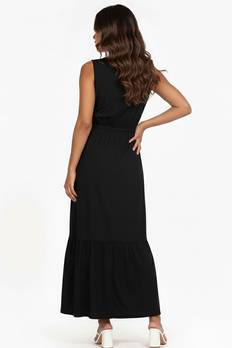 Button Front Tie Waist Sleeveless Maxi Dress