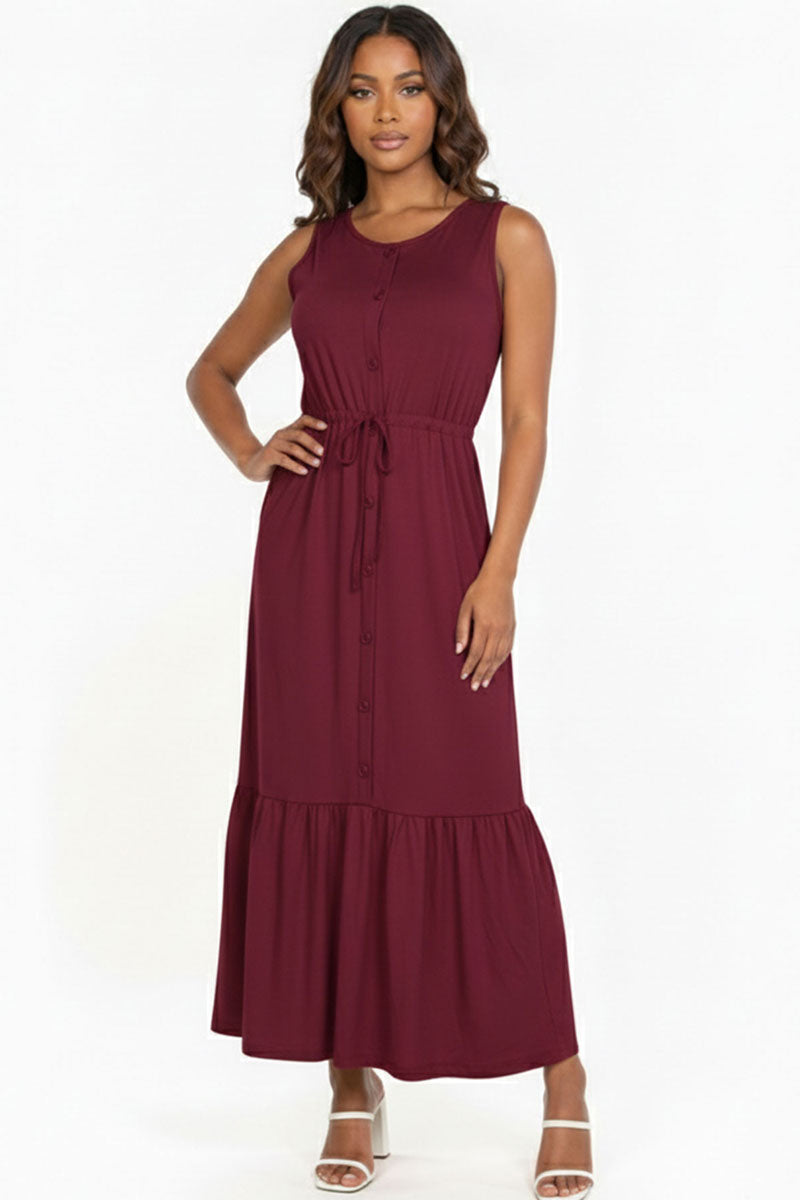 Button Front Tie Waist Sleeveless Maxi Dress