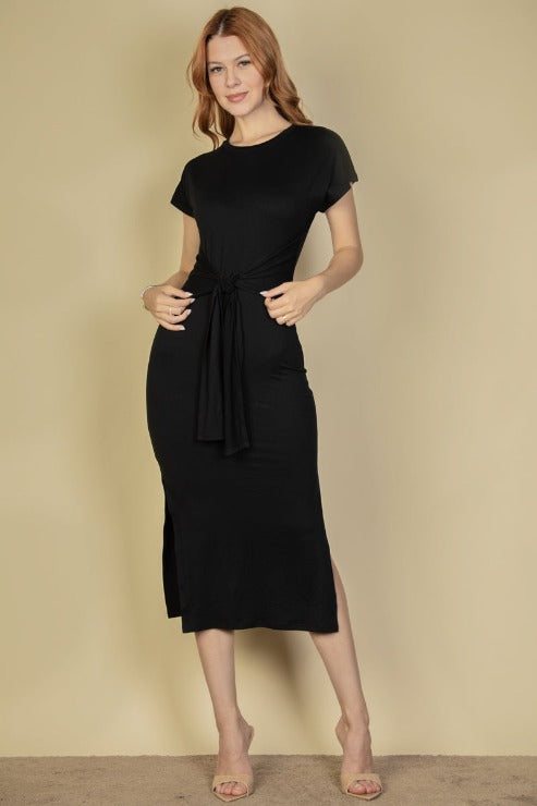 Tie Front Short Sleeve Side Slit Dress - Capella Apparel