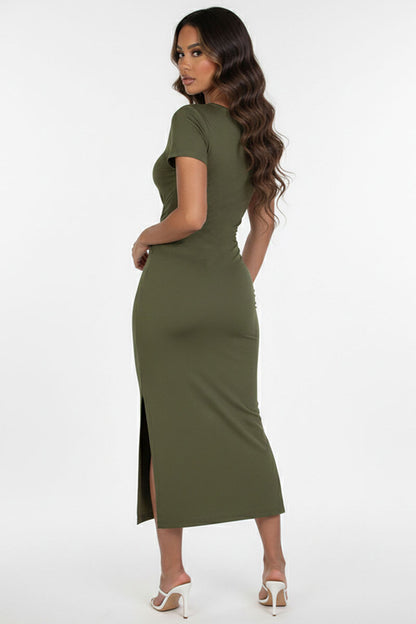 Tie Front Short Sleeve Side Slit Dress