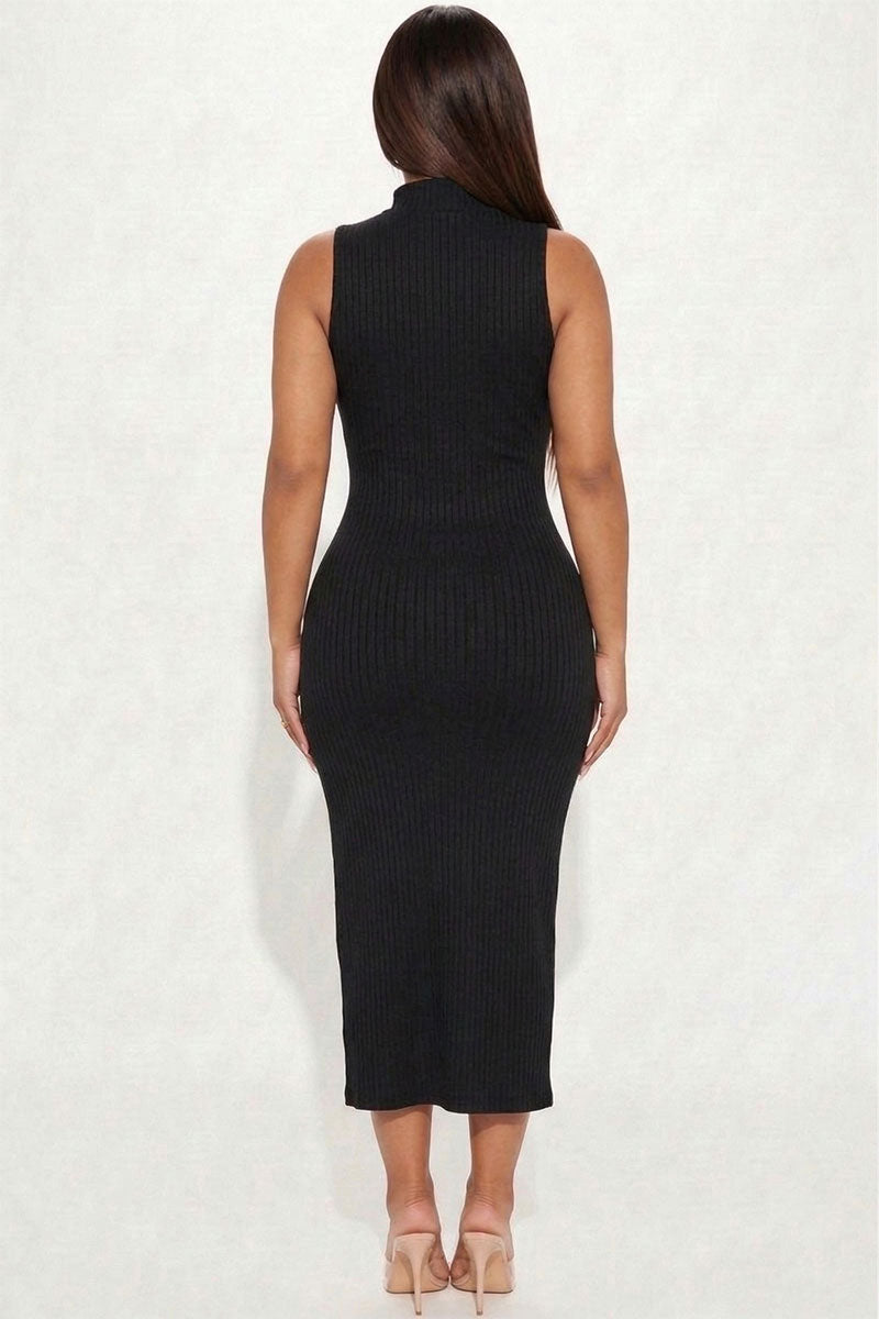 Ribbed Mock Neck Side Slit Sleeveless Bodycon Maxi Dress