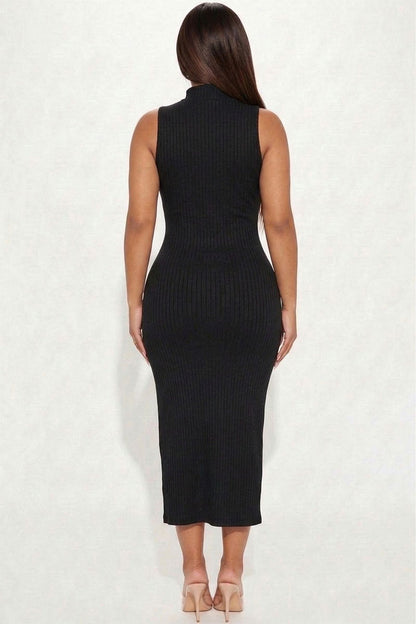 Ribbed Mock Neck Side Slit Sleeveless Bodycon Maxi Dress