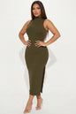Ribbed Mock Neck Side Slit Sleeveless Bodycon Maxi Dress