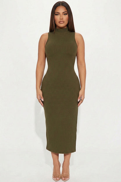 Ribbed Mock Neck Side Slit Sleeveless Bodycon Maxi Dress