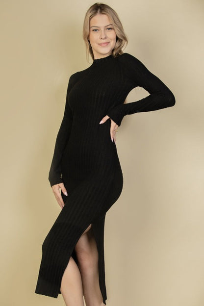 Sweater-Knit Fuzzy Mock Neck Split Thigh Dress - Capella Apparel