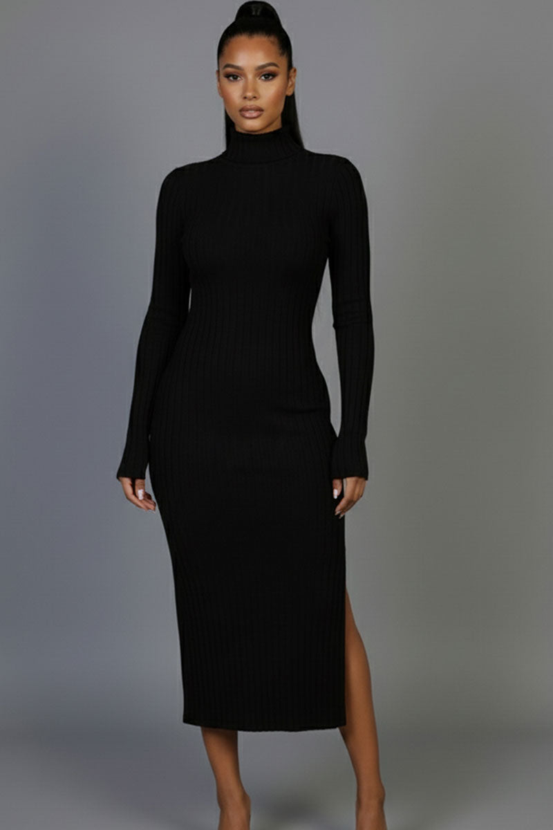 Sweater-Knit Fuzzy Turtle Neck Split Thigh Dress