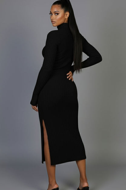 Sweater-Knit Fuzzy Turtle Neck Split Thigh Dress