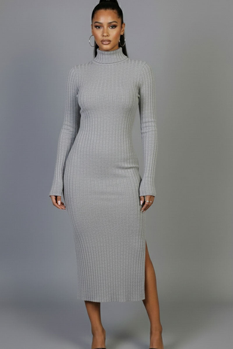 Sweater-Knit Fuzzy Turtle Neck Split Thigh Dress