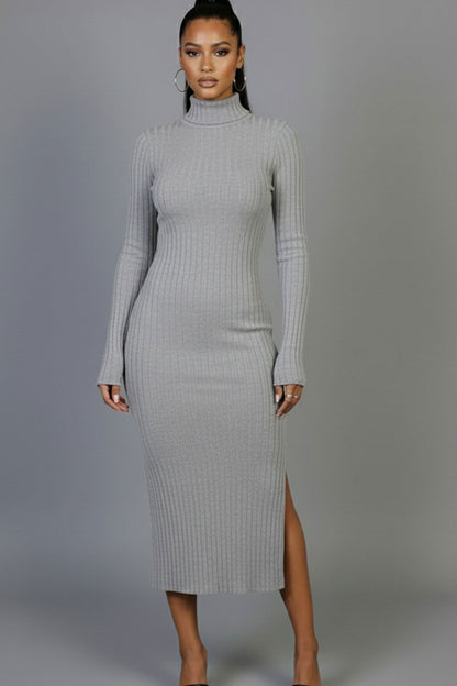 Sweater-Knit Fuzzy Turtle Neck Split Thigh Dress (CAPELLA)