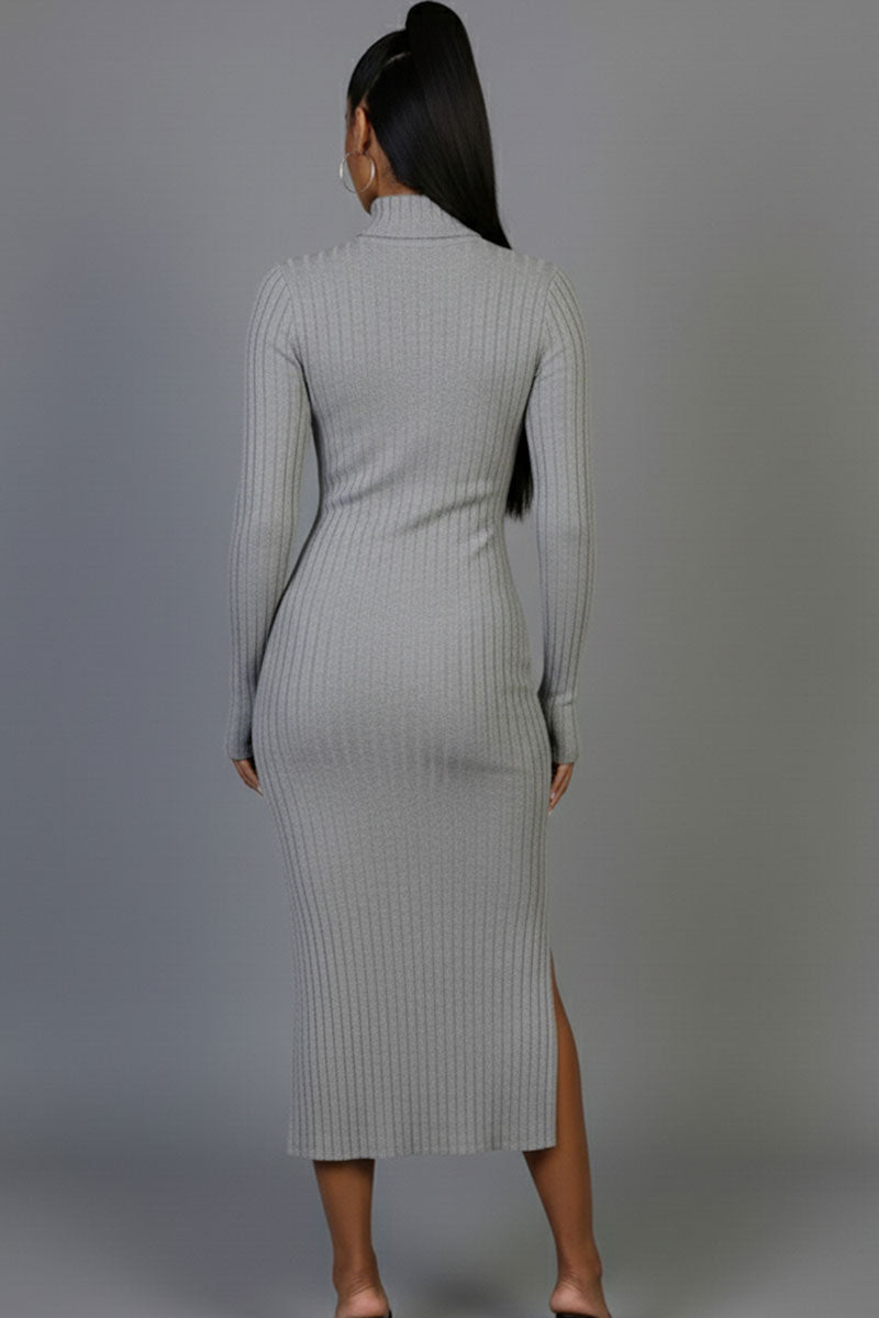 Sweater-Knit Fuzzy Turtle Neck Split Thigh Dress (CAPELLA)