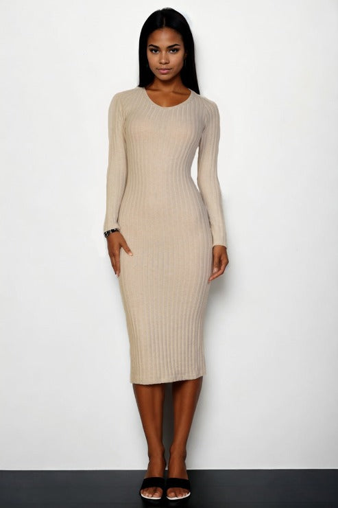 Sweater-Knit Fuzzy V Neck Bodycon Dress