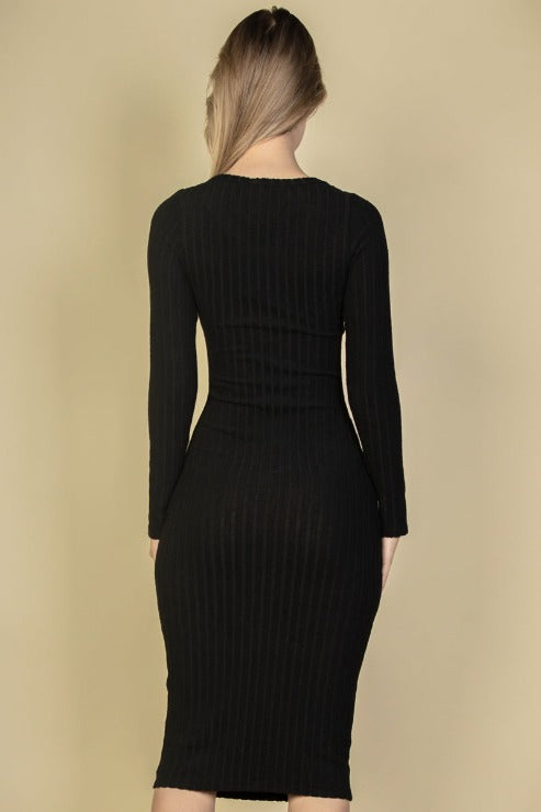Sweater-Knit Fuzzy V Neck Bodycon Dress - Capella Apparel