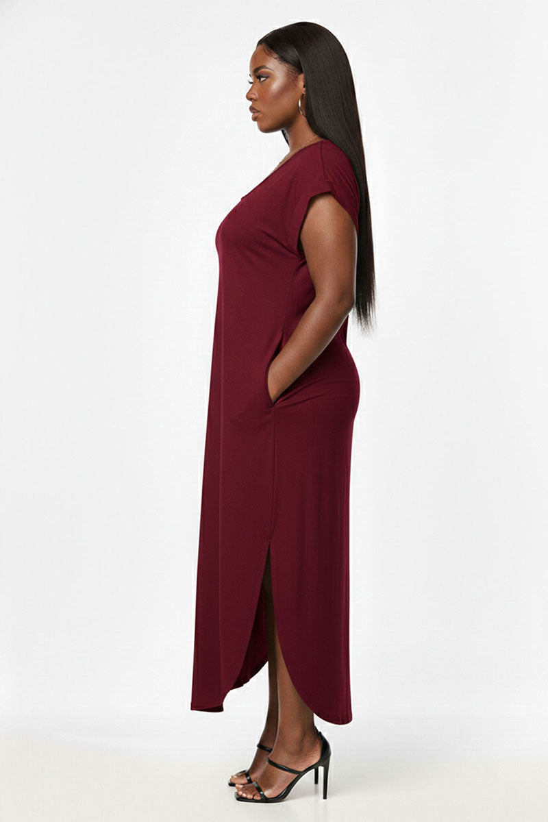 Plus Size Hidden Pocket Batwing Sleeve V Neck Long Dress