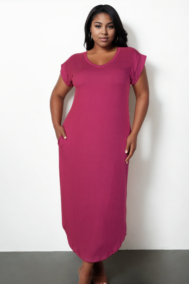 Plus Size Hidden Pocket Batwing Sleeve V Neck Long Dress - Capella Apparel