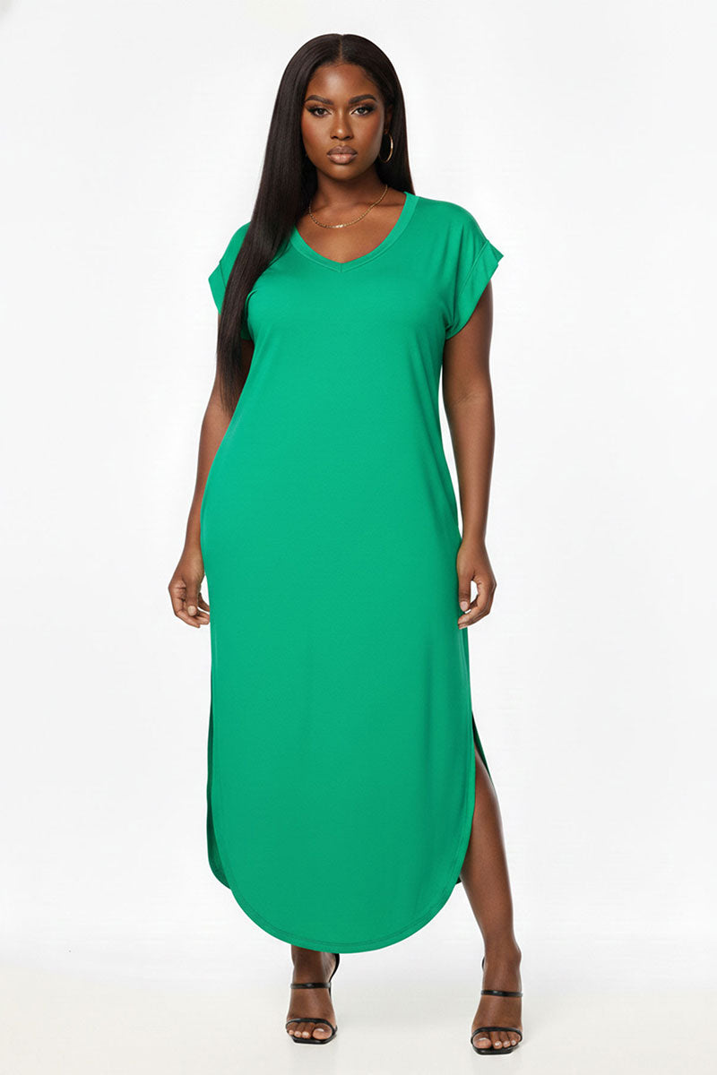 Plus Size Hidden Pocket Batwing Sleeve V Neck Long Dress