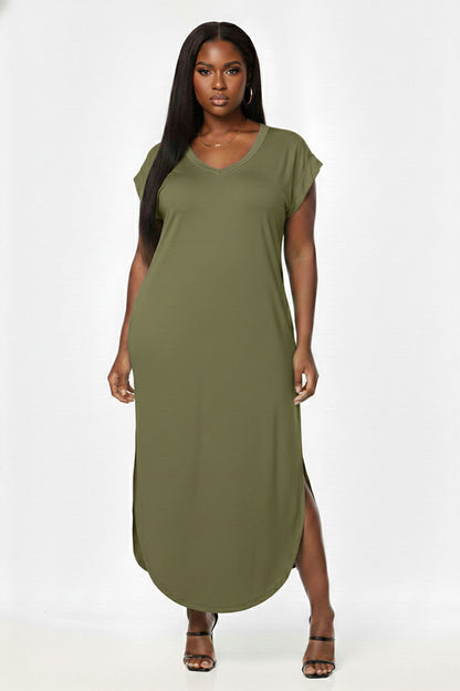 Plus Size Hidden Pocket Batwing Sleeve V Neck Long Dress (CAPELLA)