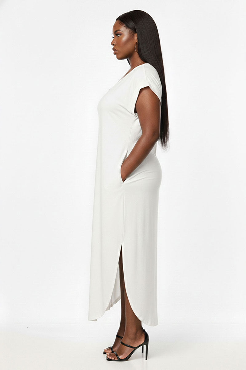 Plus Size Hidden Pocket Batwing Sleeve V Neck Long Dress