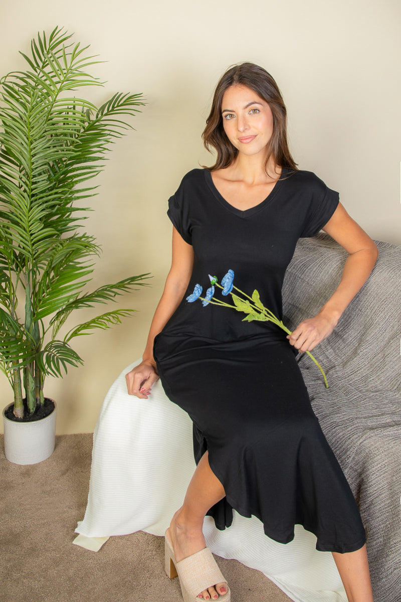 Hidden Pocket Batwing Sleeve V Neck Long Dress - Capella Apparel