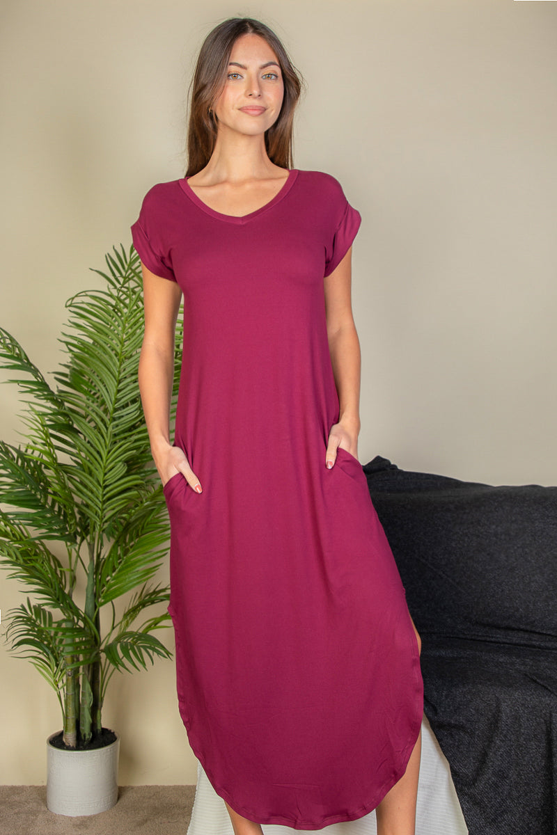 Hidden Pocket Batwing Sleeve V Neck Long Dress - Capella Apparel