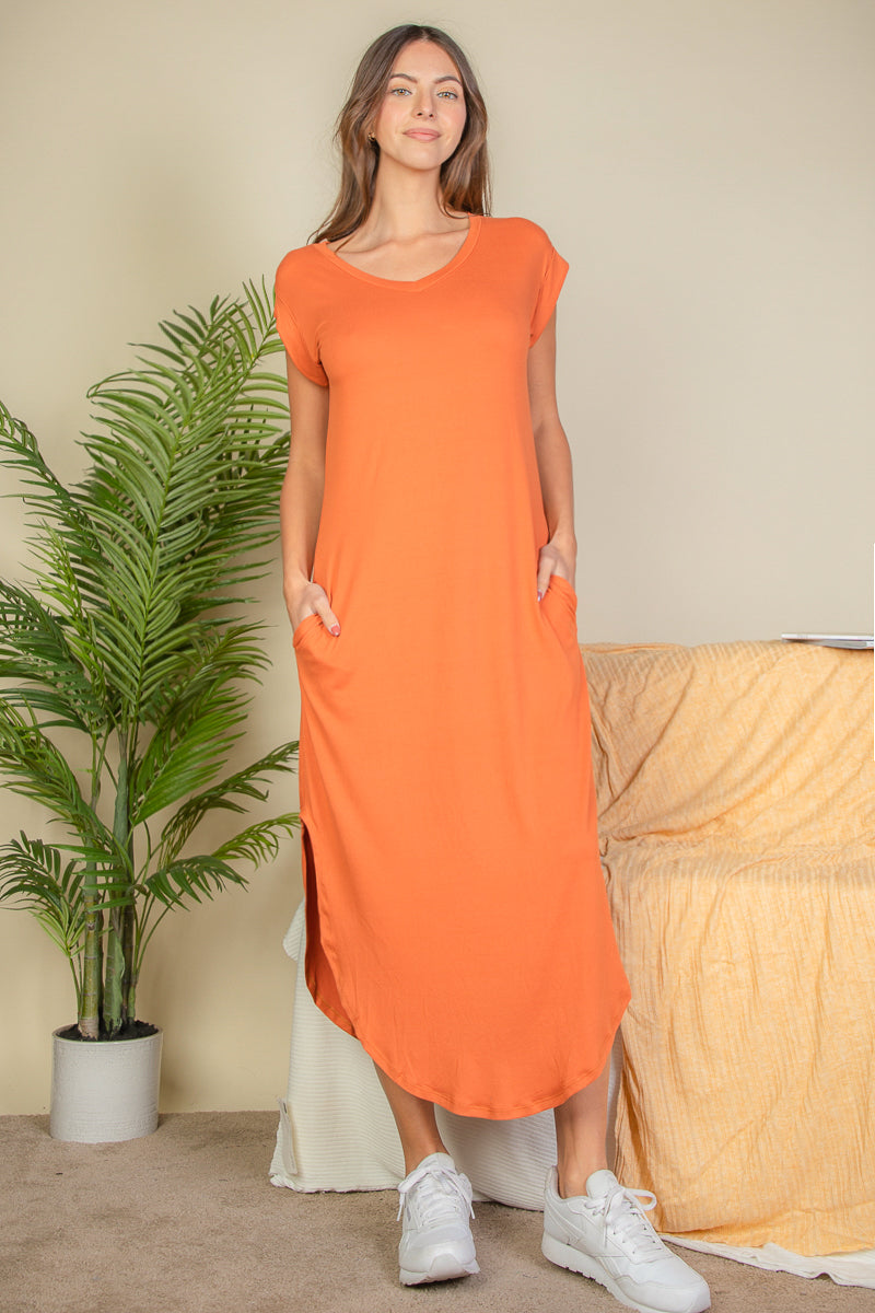 Hidden Pocket Batwing Sleeve V Neck Long Dress - Capella Apparel