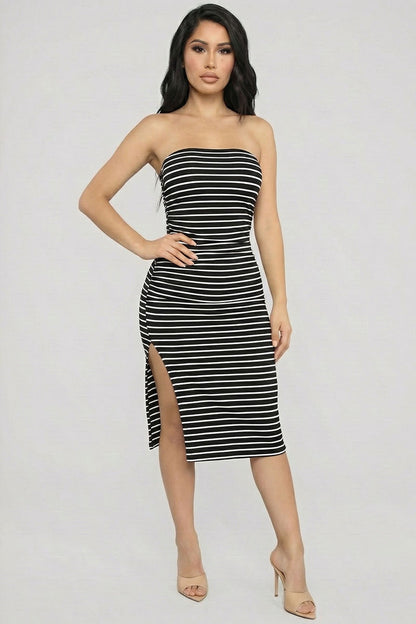 Rib Knitted Striped Tube Side Ruched Slit Bodycon Midi Dress