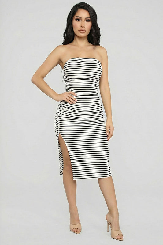 Rib Knitted Striped Tube Side Ruched Slit Bodycon Midi Dress