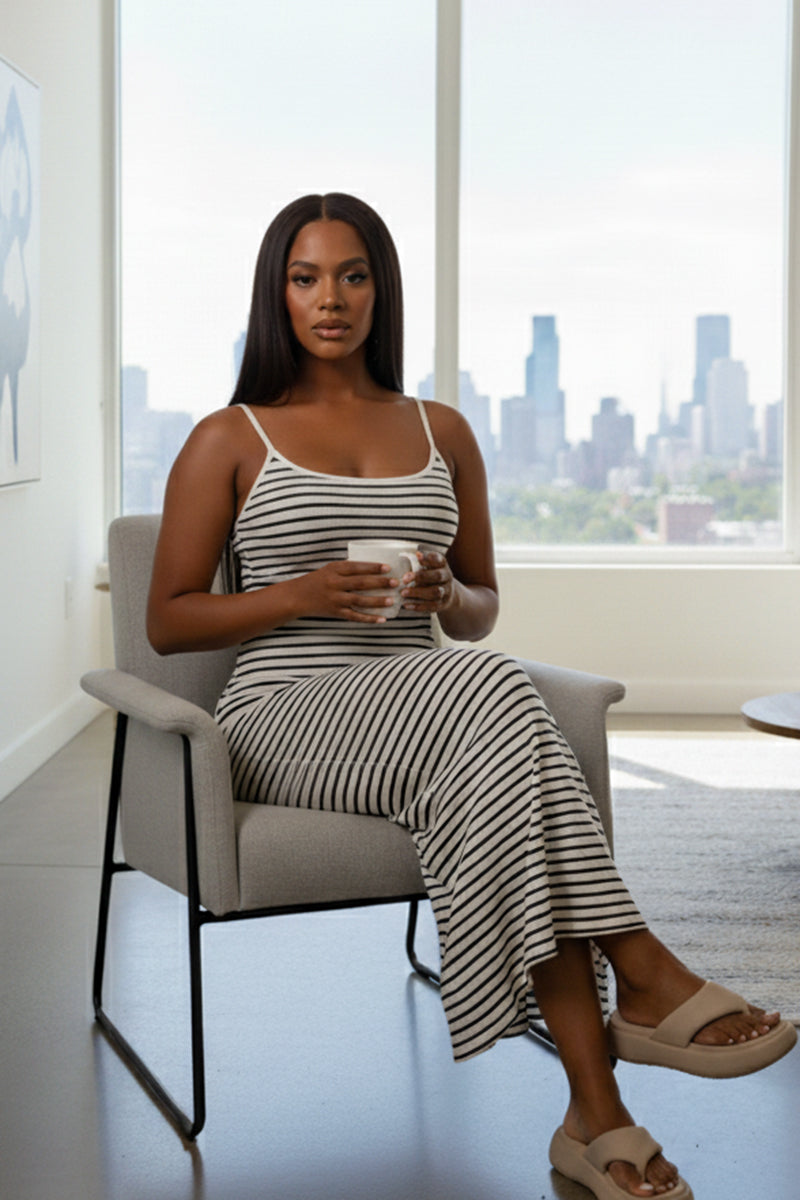 Women's Rib Knit Striped Bodycon Maxi Slip Dress