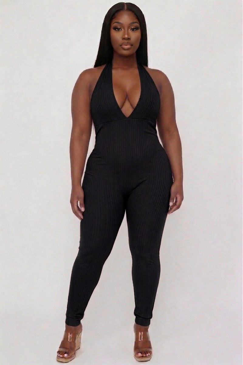 Plus Size Halter V Neck Ribbed Bodycon Jumpsuit