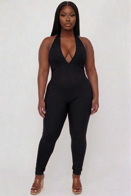 Plus Size Halter V Neck Ribbed Bodycon Jumpsuit