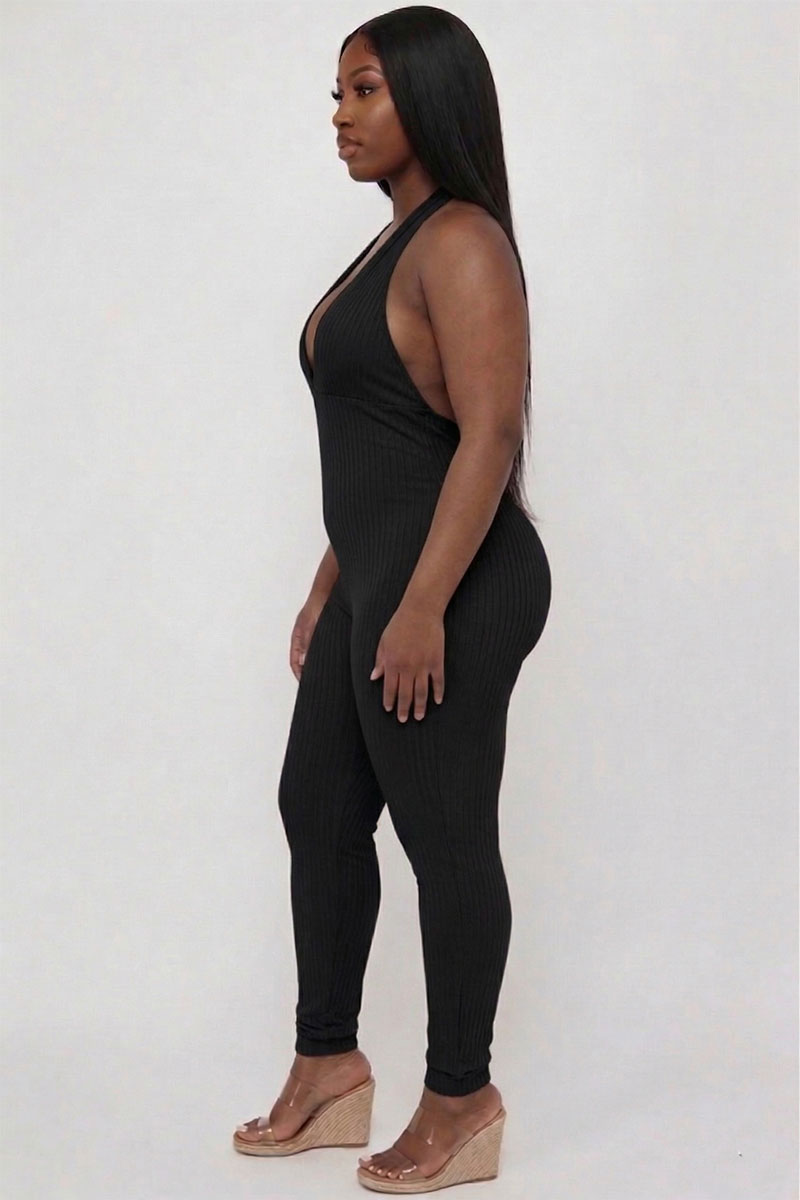 Plus Size Halter V Neck Ribbed Bodycon Jumpsuit