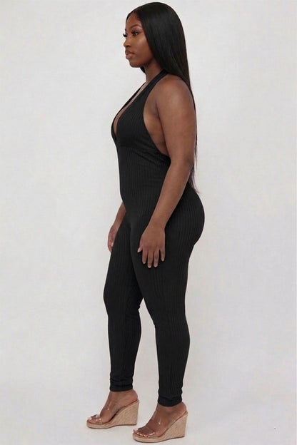 Plus Size Halter V Neck Ribbed Bodycon Jumpsuit