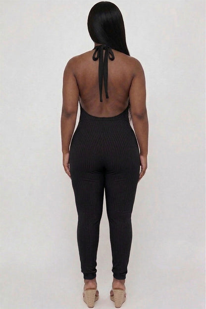 Plus Size Halter V Neck Ribbed Bodycon Jumpsuit
