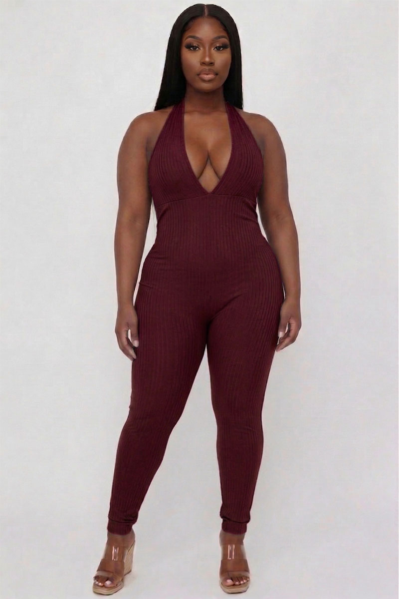 Plus Size Halter V Neck Ribbed Bodycon Jumpsuit