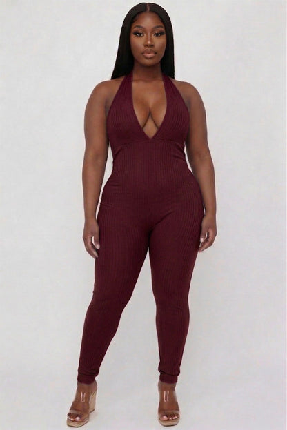 Plus Size Halter V Neck Ribbed Bodycon Jumpsuit