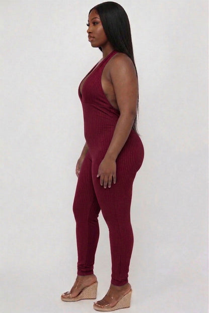 Plus Size Halter V Neck Ribbed Bodycon Jumpsuit
