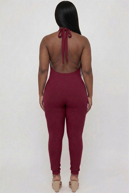 Plus Size Halter V Neck Ribbed Bodycon Jumpsuit