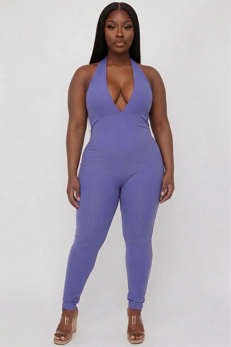 Plus Size Halter V Neck Ribbed Bodycon Jumpsuit