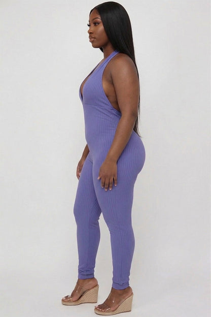 Plus Size Halter V Neck Ribbed Bodycon Jumpsuit