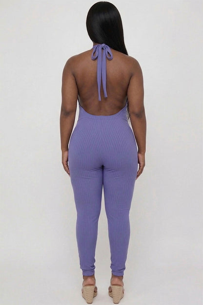 Plus Size Halter V Neck Ribbed Bodycon Jumpsuit
